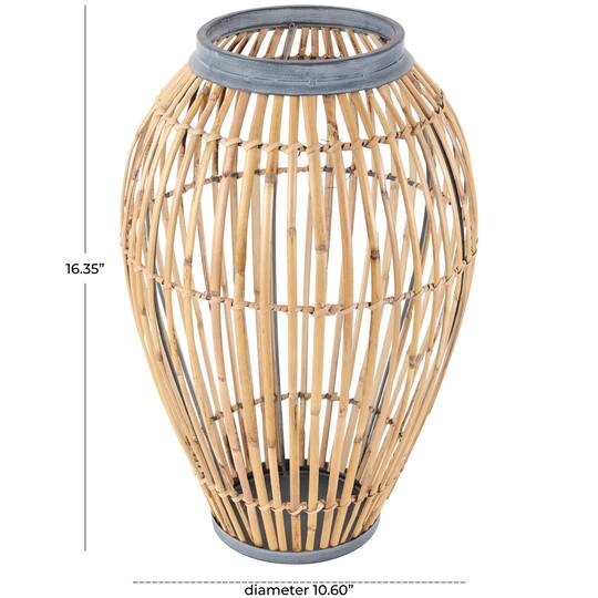 16" Brown Bamboo Handmade Open Frame Vase with Blue Metal Accents